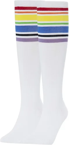 Vista 2 de YEJIMONG Calcetines altos hasta la rodilla para mujeres y niñas, 4 pares de calcetines de tubo a rayas con puños acanalados antideslizantes