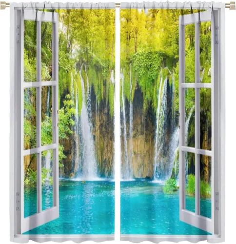 Vista 31 de Cortinas de paisaje, ventana tropical con vista al mar, océano, playa, barco, cortinas con estampado de palmeras para dormitorio, sala de estar, Mar