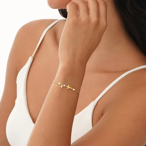 Vista 2 de NECOCY Gold Bracelets for Women, Dainty Silver14K Gold Plated Cross Bracelet Stack Pearl Bead Knot Cross Chain Bracelet Trendy Religious Christian