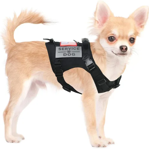 Vista 8 de Chaleco táctico de servicio para perro, K9 ajustable militar de trabajo, resistente al agua, cómodo chaleco para perro MOLLE con asa (XS, caqui)