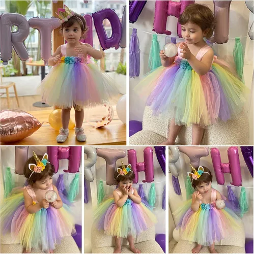 Vista 2 de Toddler Girls Party Tutu Dress with Headband Unicorn Mermaid Tulle Costume for Infant Girl 6-24 Months