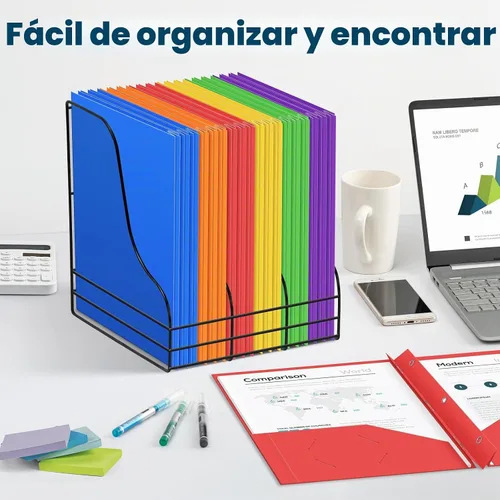 Vista 6 de V-Opitos Paquete de 6 carpetas de plástico de 2 bolsillos con 3 clavijas 6 colores, carpetas de archivos a granel, resistentes, escuela y oficina
