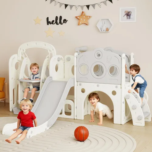 Vista 10 de DOREROOM Tobogán, columpio y tobogán para niños pequeños de 1 a 2 años con aro de baloncesto, telescopio para interiores y exteriores, parque