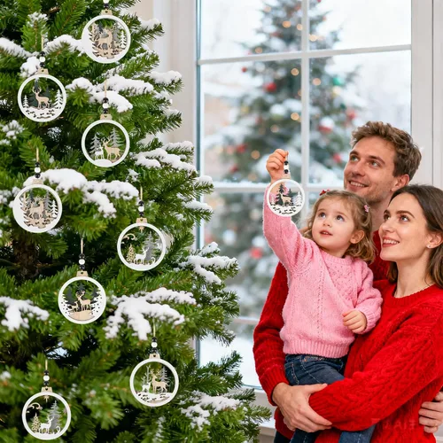 Vista 6 de 6 adornos de Navidad de madera con purpurina para árbol de madera de invierno del país de las maravillas, decoraciones colgantes de Feliz Navidad