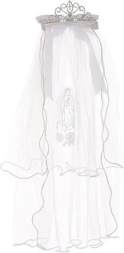 Vista 2 de Virgen María Tiara Bordado Corona Malla Primera Comunión Velo Chica Flor