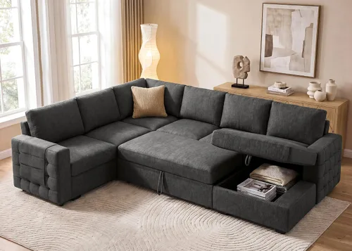 Vista 11 de HONBAY Sofá cama seccional con cama extraíble, sofá seccional en forma de U con diván de almacenamiento, sofá seccional de 6 plazas, terciopelo negro