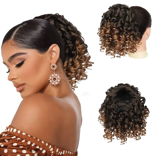 Vista 20 de PEACOCO Extensión de cola de caballo rizada con cordón para mujeres negras - Cola de caballo de 6 pulgadas con clip, postizo sintético de afro corto
