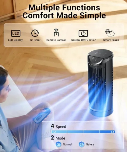 Vista 5 de Ventilador de torre personal para dormitorio, ventilador de mesa de escritorio portátil, ventilador de pie de refrigeración con 3 velocidades