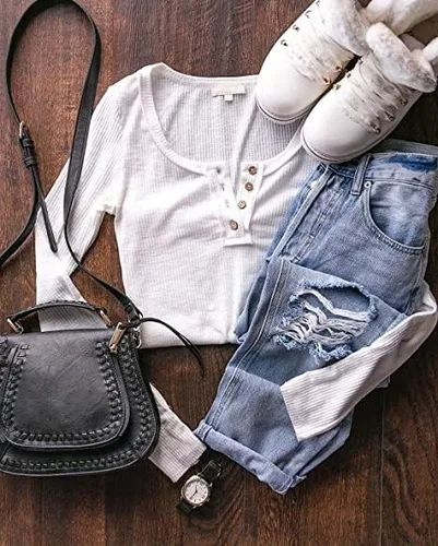 Vista 4 de NEYOUQE Camisas Henley de moda para mujer, de manga largacorta, blusas de verano, suéter casual, camisa básica