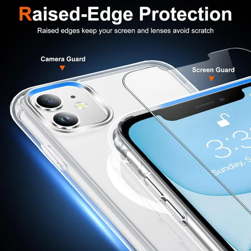 Vista 5 de Funda transparente para iPhone 11 con protector de pantalla, compatible con Magsafe, antiamarilleo, protección de grado militar, a prueba de golpes