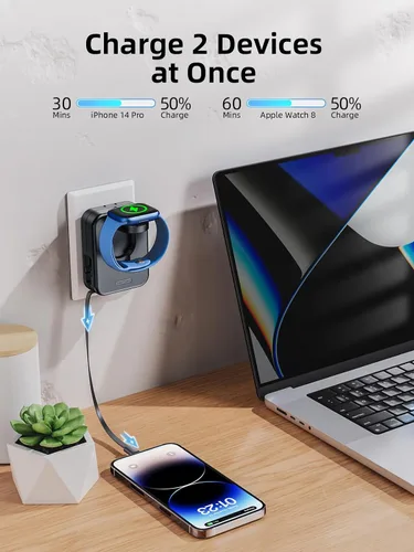 Vista 6 de Bloque de cargador para Apple Watch, cargador de pared 2 en 1 con cable de carga retráctil integrado, adaptador de corriente de enchufe plegable