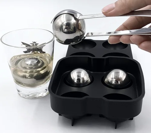 Vista 3 de Piedras de whisky de acero inoxidable, rocas para enfriar bebidas, bolas de hielo reutilizables de acero inoxidable con bandeja de bolas de hielo