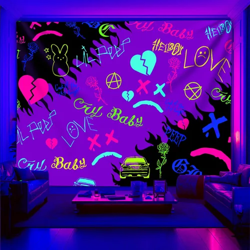 Vista 9 de PSYHILAR Blacklight Lil Peep Tapestry, Pósteres de Luz Negra para Dormitorio, Bandera UV Star Shopping Rapper (40 x 30 Pulgadas)
