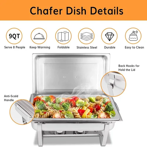 Vista 3 de Juego de 4 platos para bufé de roce de plato: calentador de alimentos de acero inoxidable de 9 cuartos de galón - Servidores de buffet de 9 cuartos