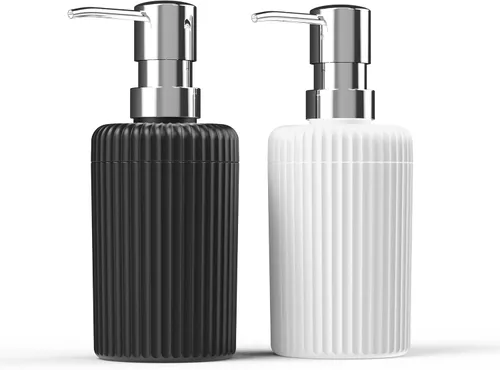 Vista 7 de Dispensador de jabón para baño, paquete de 2 dispensadores de jabón de manos de cocina, 12 onzas, dispensador de loción vacío de plástico negro mate