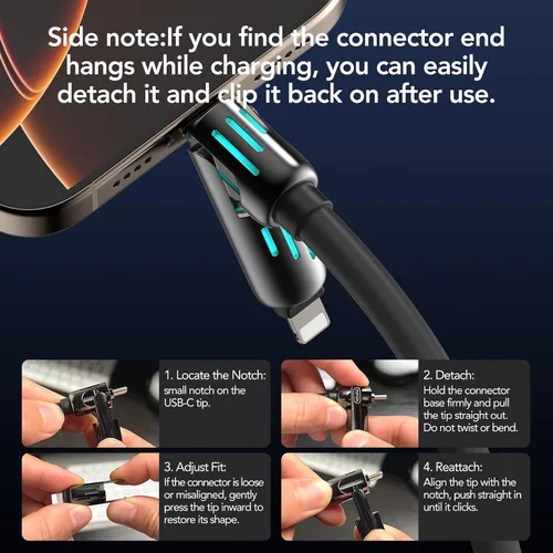 Vista 4 de MFish Cable de carga USB 4 en 1 con funda de transporte, cable de carga rápida de 240 W, USB-A y USB-C dual a USB-C/Lightning, para iPhone Negro