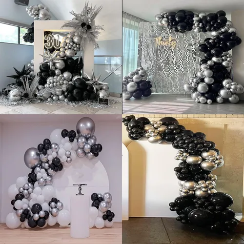 Vista 6 de Kit de arco de guirnalda de globos negros y plateados, 146 globos metálicos plateados y negros con globos plateados de papel de aluminio de estrella