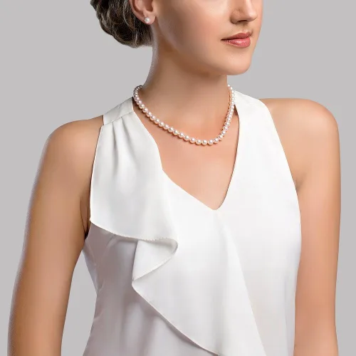 Vista 3 de The Pearl Source Juego de collar y aretes redondos de perlas cultivadas Akoya de oro de 14 quilates de 7 a 0.295in de longitud de princesa