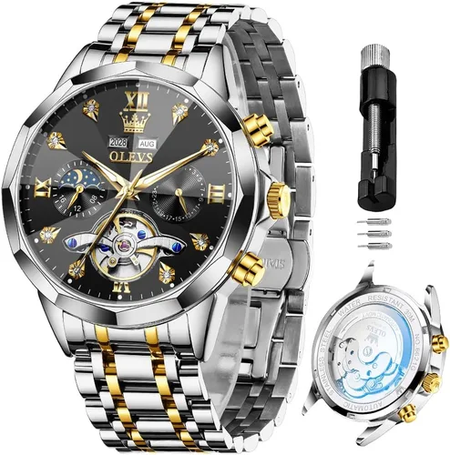 Vista 11 de OLEVS Reloj de pulsera automático con diseño de esqueleto para hombre, de lujo, con diamantes de lujo, de acero inoxidable, calendario, reloj