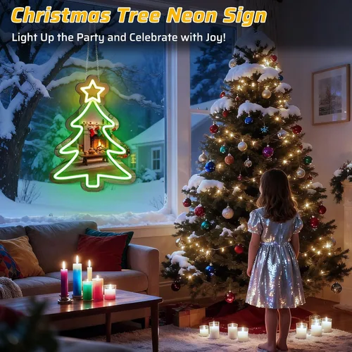 Vista 2 de Espejo de árbol de Navidad de 16 x 12 pulgadas, letrero LED de neón acrílico alimentado por USB, perfecto para decoraciones de vacaciones, fiestas