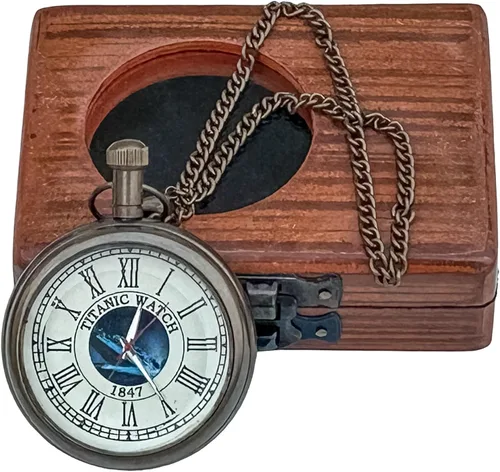 Vista 2 de Generic Hassanhandicrafts Reloj de bolsillo de latón antiguo antiguo con esfera de barco Titanic con caja de madera