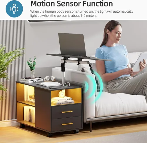 Vista 5 de Gurexl Mesita de noche LED de 360° con estación de carga inalámbrica, mesita de noche ajustable movible con bandeja para portátil, soporte de noche