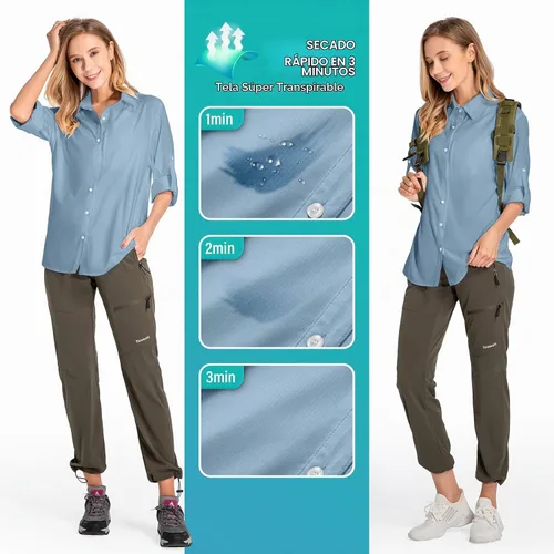 Vista 5 de Camisas de manga larga con protección solar UPF 50 para mujer, de secado rápido, para pesca al aire libre, senderismo, viajes 5019 Azul