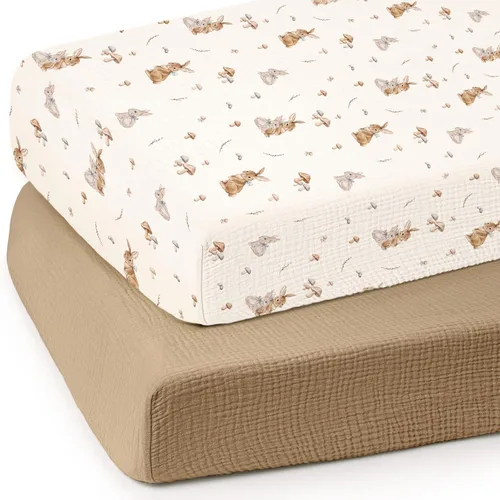 Vista 18 de Sábanas de cuna de muselina lulumoon para bebé: Sábanas ajustadas y transpirables para cuna de niños - Hojas de hoja de árbol verde para cuna