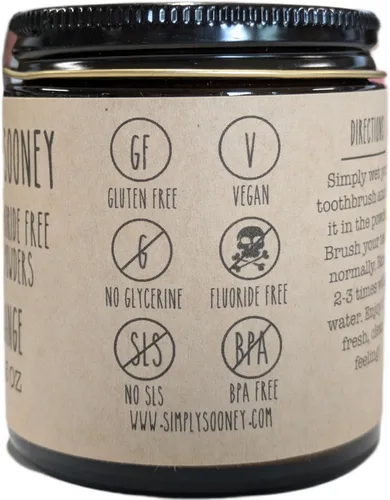 Vista 5 de Simply Sooney Tarro de vidrio Vegano Libre de Flúor Remineralizante Polvo de Dientes Seguro para Niños Naranja I Ingredientes Orgánicos