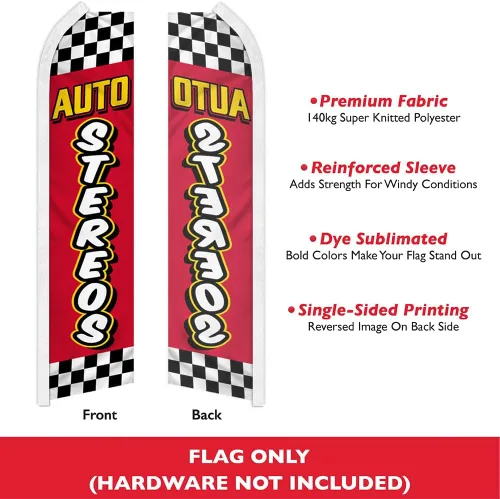 Vista 2 de Auto Stereos - Bandera publicitaria de Swooper roja y amarilla, perfecta para tiendas de rendimiento, mecánica, reparación de automóviles, tiendas