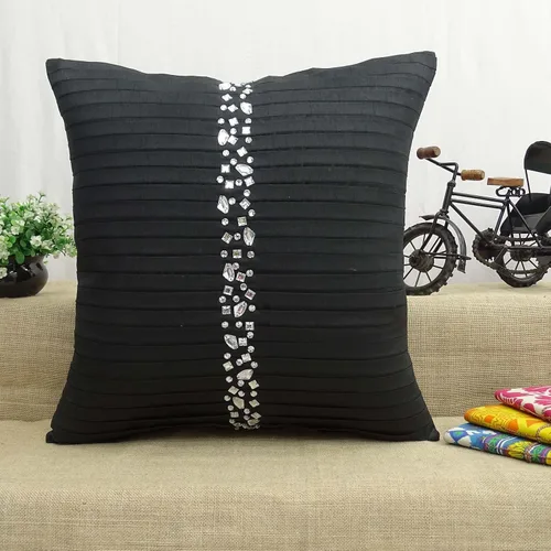 Vista 4 de S4Sassy Funda de cojín decorativa hecha a mano con cuentas de piedra negra, funda de almohada cuadrada de 12 x 12 pulgadas