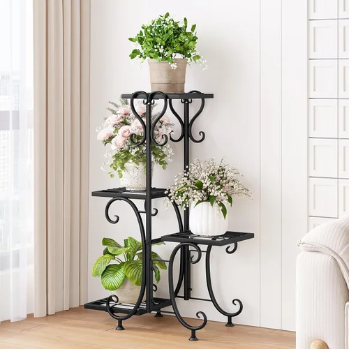 Vista 4 de INGIORDAR Soporte para plantas para interiores y exteriores, estante de metal de 4 niveles, soporte para múltiples plantas, estante alto