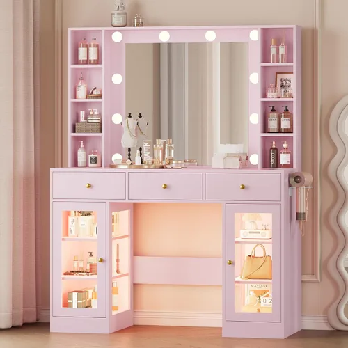 Vista 13 de Wodeer Pequeño escritorio de maquillaje con espejo y luces, tocador con armario de cristal, luces LED y toma de corriente, cajón y gabinetes