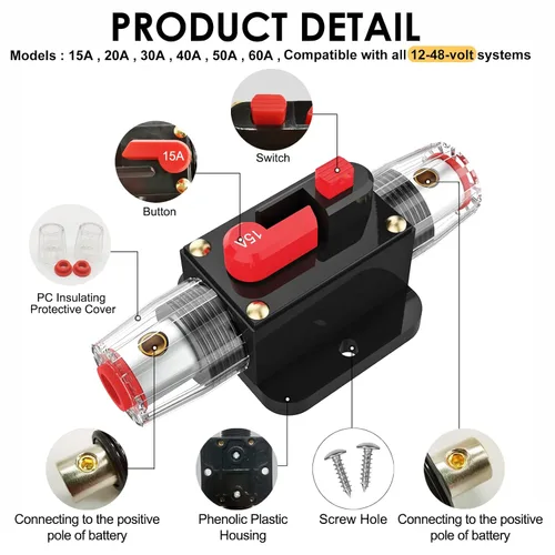 Vista 4 de Interruptor de disyuntor de 15 A, fusible impermeable, portafusible en línea, fusible reiniciable, reinicio manual, 12 V-48 V CC para sistema