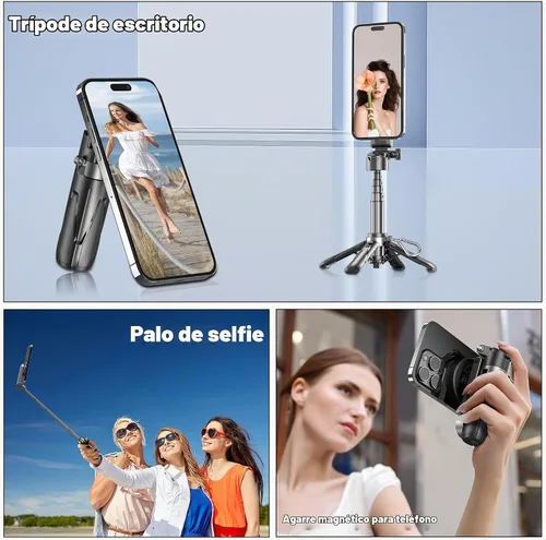 Vista 2 de Trípode magnético para teléfono con control remoto, palo selfie extensible Handle Grip Pocket Size, 4-in-1 Mini Phone Grip, 10m Wireless Shutter