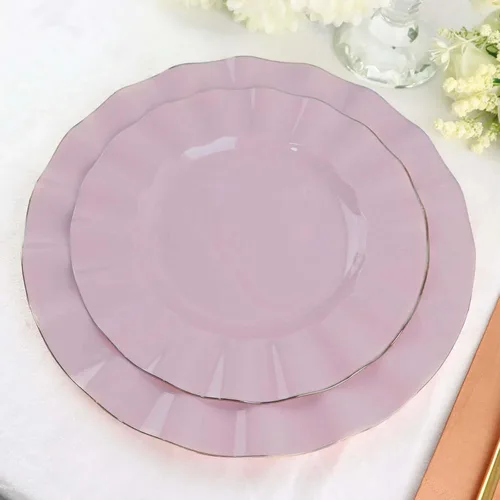 Vista 57 de Tableclothsfactory Paquete de 10 platos redondos de plástico negro de 6 pulgadas para ensalada de postre, platos desechables con borde ondulado