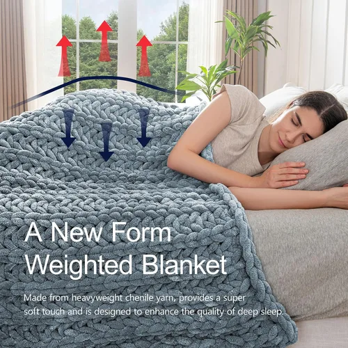 Vista 3 de Maetoow Manta con peso de punto suave hecha a mano, 10 libras, transpirable, de punto grueso, decoración del hogar para sofá, cama, 40 x 60 Azul Airy