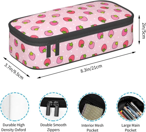 Vista 5 de Estuche para lápices con lunares rosados de fresa de gran capacidad, bolsa de papelería con cremallera, soporte portátil para bolígrafos