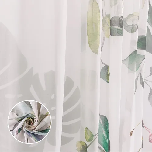 Vista 5 de Cortinas de hojas de eucalipto verdes para sala de estar de 63 pulgadas de largo, juego de 2 paneles elegantes de flores silvestres con estampado