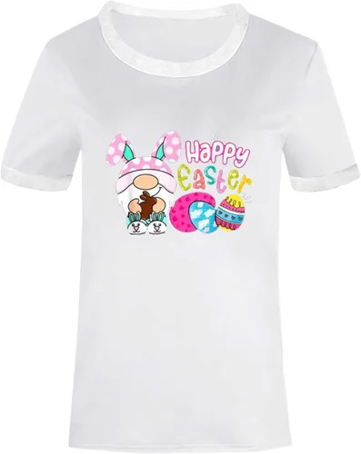 Vista 3 de Camisetas de Pascua para mujer, cuello redondo, a la moda, lindas camisetas de manga corta sueltas