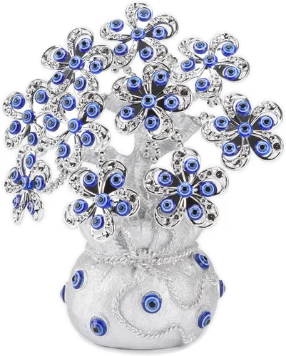 Vista 3 de BRABUD 7.5 '' resina azul malvado ojos estatua plata flores árbol de dinero buena suerte suerte fortuna estatuilla escritorio decoración regalo