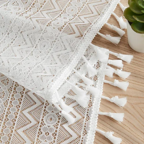 Vista 2 de ZJDECOR Cortinas traslúcidas de encaje blanco de 84 pulgadas de largo, cortinas bohemias con patrón geométrico con borlas, juego de 2 paneles