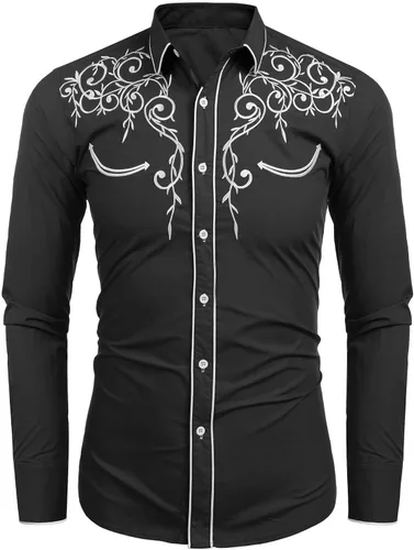 Vista 4 de COOFANDY Camisa bordada de manga larga para hombre, ajustada, informal, con botones