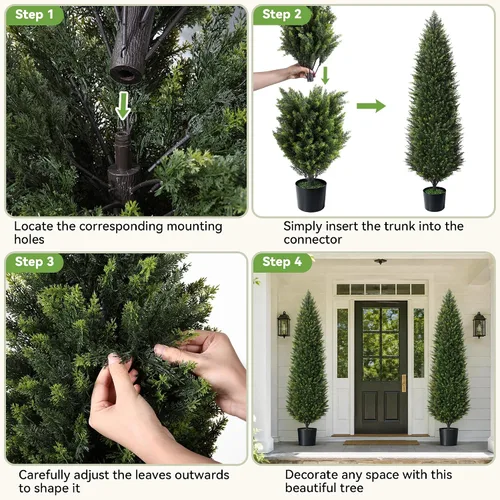 Vista 6 de Árboles topiarios artificiales de cedro de 6 pies con forma piramidal compacta, juego de 2 arbustos de pino sintético resistentes a los rayos UV