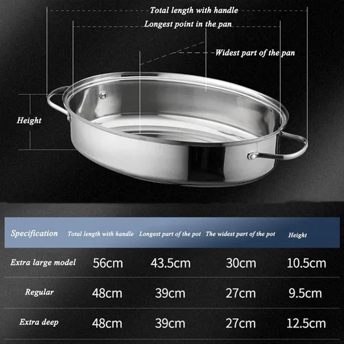 Vista 6 de Sartén ovalada de acero inoxidable para asar pavos de 3 tamaños, con estante de vapor y tapa, bandeja portátil para hornear para horno, cocinar a