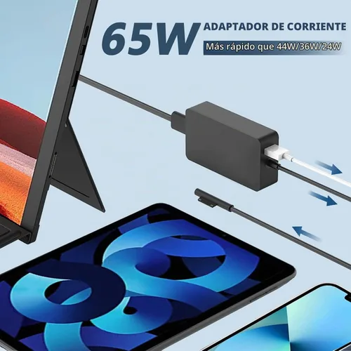 Vista 3 de Cargador Surface Pro de 65 W, cargador de computadora portátil compatible con Microsoft Surface Pro11 10 9 8 7+ 7 6 5 4 X, compatible con portátiles