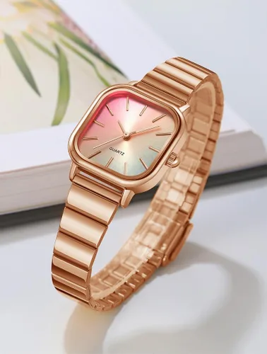 Vista 2 de Womens Ladies' Ultra Thin Watch with Rainbow Gradient Dial Gold-Tone Square Case and Bracelet Quartz Movement