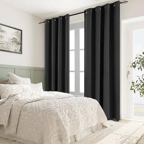 Vista 7 de Cortinas opacas 100% de lino negro para dormitorio, cortinas opacas para sala de estar, cortinas de oscurecimiento de habitación de doble capa