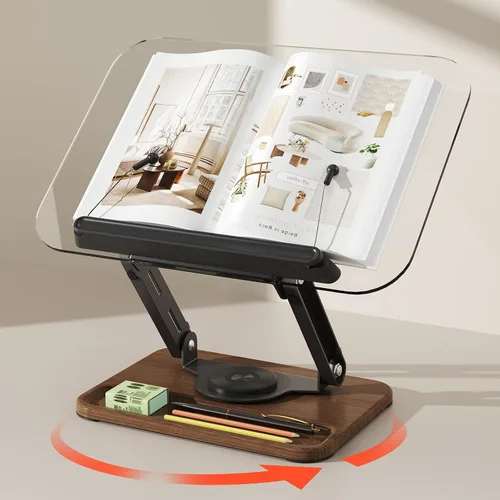 Vista 10 de BYMECOST Soporte de acrílico para lectura, soporte ajustable para libros con base giratoria de 360° y clips elásticos para páginas, soporte elevador