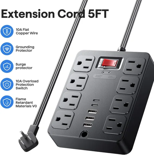 Vista 7 de Tira de alimentación con protector de sobretensiones 13 en 1, enchufe plano, 8 salidas de CA amplias, 3 puertos USB, 1250 W/10 A, cable de extensión